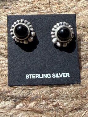 Sterling Silver Black Stone Floral Stud Earrings